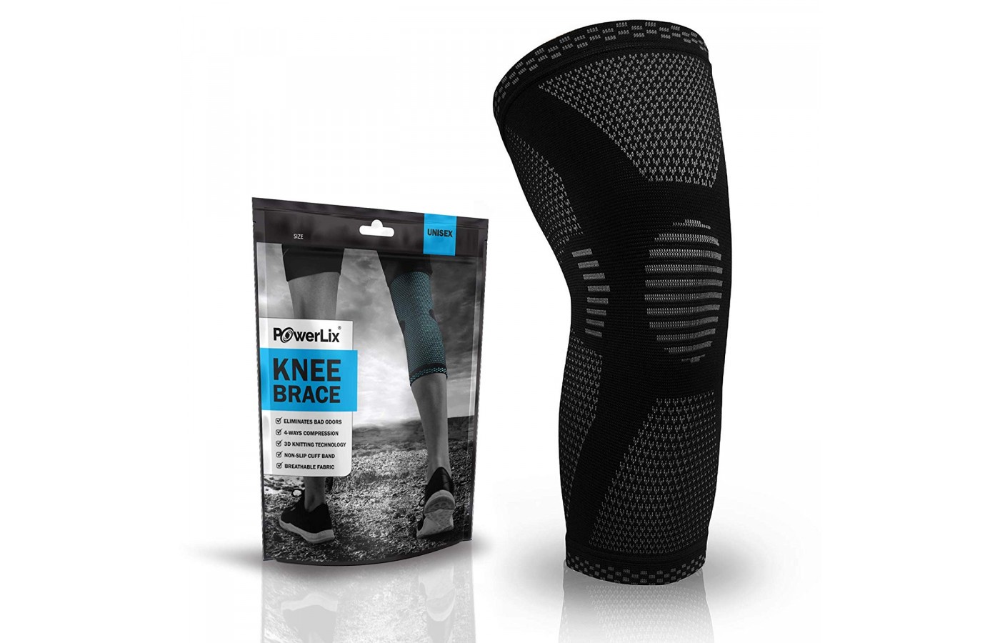 The ergonomic design of the PowerLix Compression Knee Sleeve is visible here.