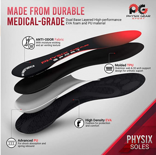 Physix Gear Sport Full Length Orthotic Inserts with Arch Support