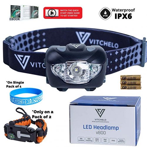VITCHELO V800 running Headlamp Flashlight with White and Red LED Lights